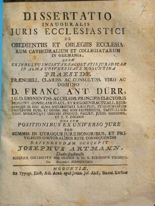 Dissertatio Inauguralis Juris Ecclesiastici De Obedientiis Et Oblegiis Ecclesiarum Cathedralium Et Collegiatarum In Germania