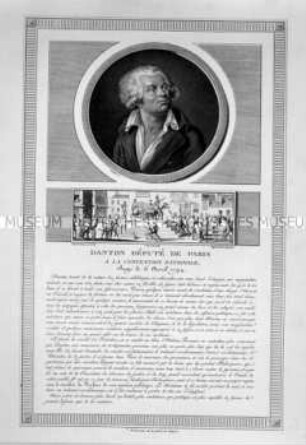 Porträt des Georges Jacques Danton - mit einer Szene der Proklamation des Notstandes (aus einer Porträtfolge zur Französischen Revolution)