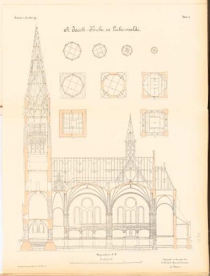 St. Jacobikirche, Luckenwalde: Längsschnitt und Turmgrundrisse 1:100
