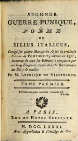 Seconde Guerre Punique : Poëme De Silius Italicus, Tome Premier