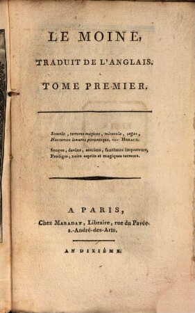 Le Moine : Traduit De L'Anglais, 1