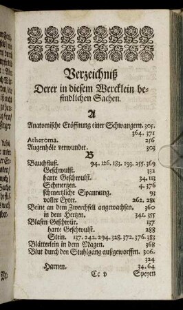 Verzeichniß Derer in diesem Wercklein befindlichen Sachen.