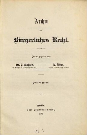 Archiv für bürgerliches Recht. 3. 1890