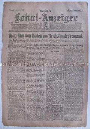 Titelblatt des "Berliner Lokal-Anzeiger" zur Ernennung von Prinz Max von Baden zum Reichskanzler