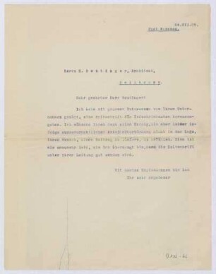 Schreiben an den Architekten Emil Beutinger, Heilbronn (Brief)