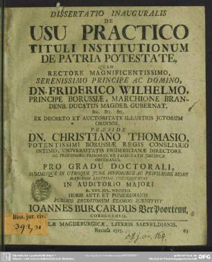 Dissertatio Inauguralis De Usu Practico Tituli Institutionum De Patria Potestate