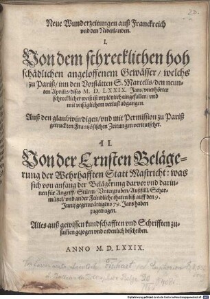 Neue Wunderzeitungen aus Frankreich und den Niderlanden von dem ... Gewässer, welches zu Pariß den 9. April 1579 ... eingefallen