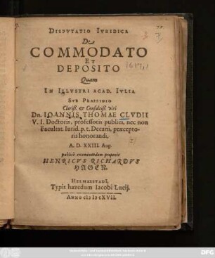 Disputatio Iuridica De Commodato Et Deposito