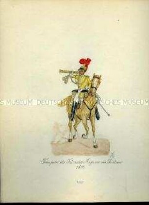 Uniformdarstellung, Trompeter des Kürassier-Regiments vacant von Zastrow zu Pferd, 1812. Aus: Sammelmappe "Sachsens Militär", Königliche Arsenalsammlung.