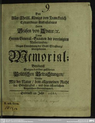 Denen General-Staaten der vereinigten Niederlanden wegen Einehmung der Stadt Straßburg übergebenes Memorial