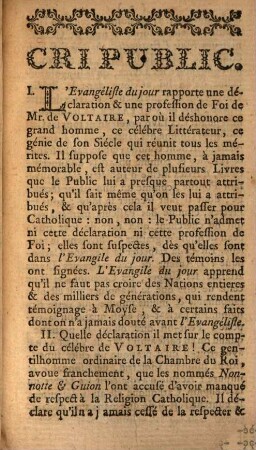 Cri public ou examen de la profession de foi et des pâques de M. François Marie Arouet, dit de Voltaire ... : Contre l'evangile du jour
