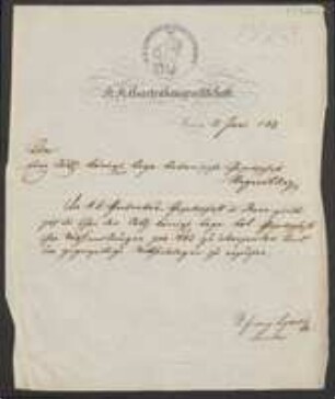 Brief von Franz Leydolt von K.K. Gartenbau-Gesellschaft an Regensburgische Botanische Gesellschaft
