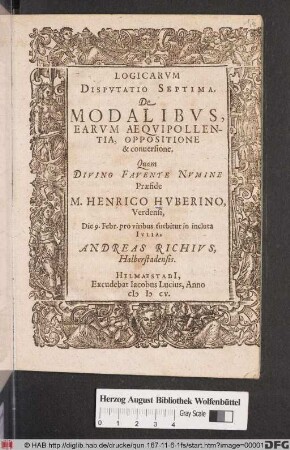 Logicarum Disputatio Septima. De Modalibus, Earum Aequipollentia, Oppositione & conversione