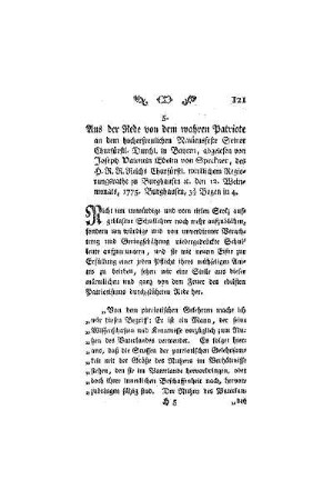 Aus der Rede vom dem wahren Patriote an dem hocherfreulichen Namensfeste Seiner Churfürstl. Durchl. in Bayern, abgelesen von Joseph Valentin Edelm von Speckner, des H. R. R. Reichs Churfürstl. wirklichem Regierungsrathe zu Burghausen u. den 12. Weinmonats, 1775. Burghausen, 3 1/2 Bogen in 4.