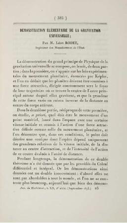 Démonstration élémentaire de la gravitation universelle.