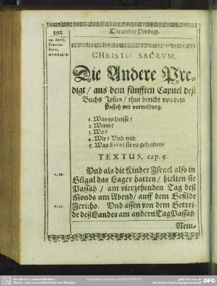 [Die ander Predigt, uber das fünffte cap. Josuae]. Die Andere Predigt, aus dem fünfften Capitel deß Buchs Josuae, thut bericht von dem Passah mit vormeldung