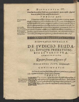 Disputatio Feudalis V. De Judicio Feudali, Eiusque Probationibus Et Variis Praesumptionibus.