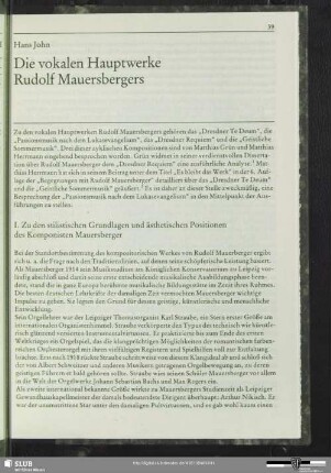Die vokalen Hauptwerke Rudolf Mauersbergers