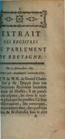 Extrait Des Registres De Parlement De Bretagne. Du 20 Décembre 1762 Toutes Les Chambres Assemblées