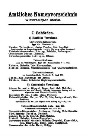 Amtliches Namenverzeichnis Winterhalbjahr 1922/23.