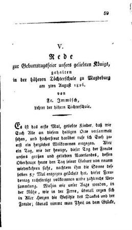 Rede zur Geburtstagsfeier unsers geliebten Königs, gehalten in der höheren Töchterschule zu Magdeburg am 3ten August 1826