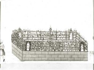 Aufzug mit Inventionen unter Herzog Augustus von Sachsen : Aufzug mit Inventionen unter Herzog Augustus von Sachsen. Ausschnitt: Die sechste Invention mit dem Lustgarten. Feder, Pinsel, Tusche, Wasserfarben; 296 x 307 mm (Bildgröße). 1613. Dresden: Hauptstaatsarchiv D:103/84