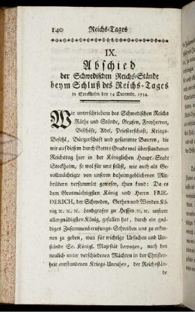 IX. Abschied der Schwedischen Reichs-Stände beym Schluß des Reichs-Tages in Stockholm den 14 Decembr. 1734.