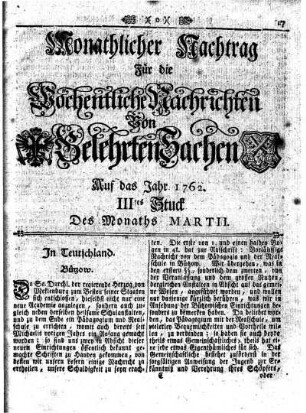 Monathlicher Nachtrag [...] Auf das Jahr 1762. IIItes Stuck Des Monaths Martii