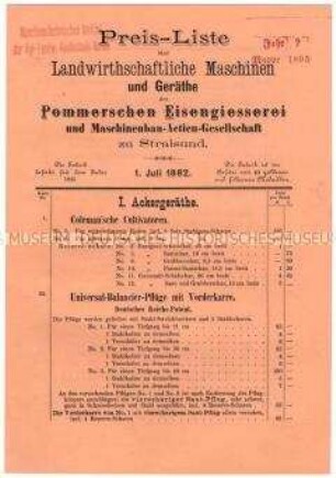Preisliste über landwirtschaftliche Maschinen und Geräte
