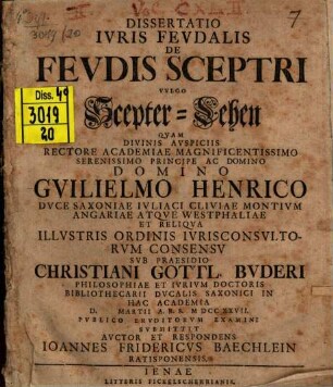 Diss. iur. feud. de feudis sceptri, vulo Scepter-Lehen