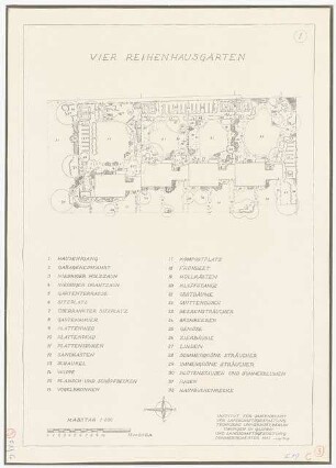 Vier Reihenhausgärten: Pflanzplan 1:200