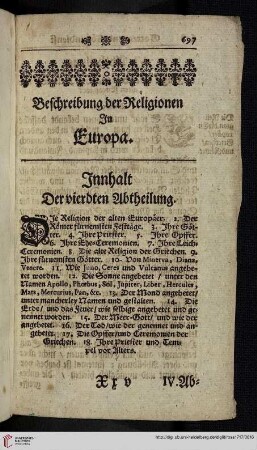 Beschreibung der Religionen in Europa. Innhalt der vierdten Abtheilung