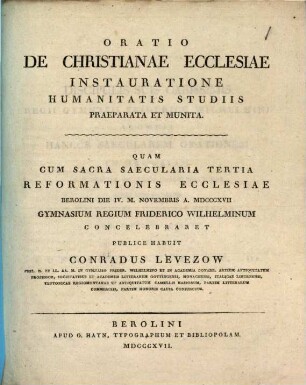 Oratio de christianae ecclesiae instauratione humanitatis studiis praeparata et munita