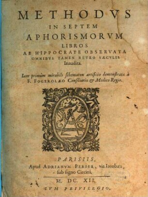 Methodvs In Septem Aphorismorvm Libros Ab Hippocrate Observata : Omnibvs Tamen Retro Sæcvlis Inaudita