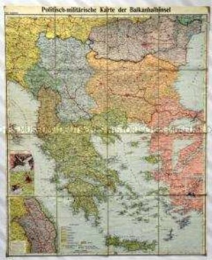 Politisch-militärische Karte der Balkanhalbinsel, mit Detailkarten von Konstantinopel, Athen und Piraeus sowie des nördlichen Rumänien, den Dardanellen und dem Bosporus