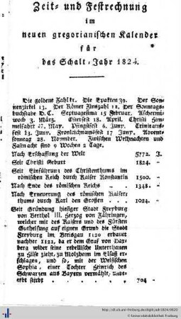 Zeit- und Festrechnung im neuen gregorianischen Kalender für das Schalt-Jahr 1824.