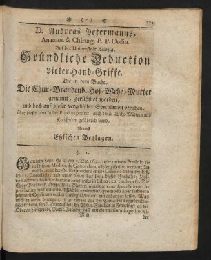 D. Andreas Petermanns, Anatom. & Chirurg. P. P. Ordin. Auf der Universität Leipzig, Gründliche Deduction vieler Hand-Griffe, Die in dem Buche Die Chur-Brandenb. Hof-Wehe-Mutter genannt, gerühmet werden, und doch auf blosser vergeblicher Speculation beruhen ...