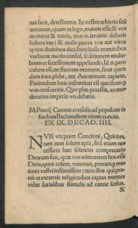 M. Porcii Catonis consulis ad populum in foedum Bachanalium ritum concio. Ex IX. Decad. IIII.