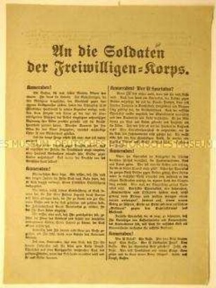 Antikommunistisch-antisemistischer Aufruf der Vereinigung für soziale Aufklärung an die Soldaten zur Verhinderung von Streik, Arbeitsniederlegung und Bürgerkrieg