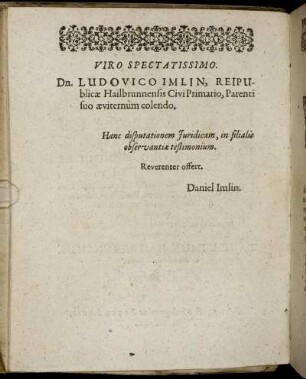 Viro Spectatissimo. Dn. Ludovico Imlin [...]