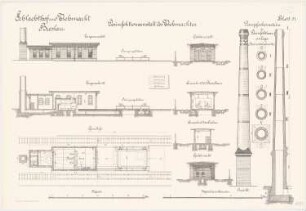Schlachthof und Viehmarkt, Breslau Desinfektionsanstalt: Grundriss Querschnitte Längsschnitt Giebel- und Längenansicht 1:100 Dampfschornstein: Grundrisse Ansicht Schnitt 1:5
