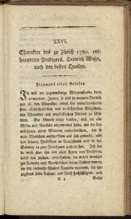 XXVI. Charakter des zu Zürich 1780. enthaupteten Predigers, Heinrich Waser, [...].