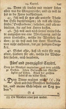 Fünf und zwanzigstes Capitel. Drey der Weisheit angenehme, und drey gehässige Sachen. ...