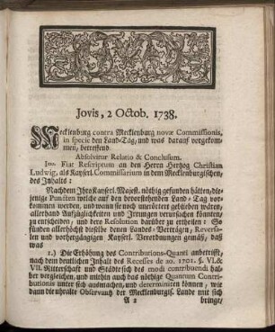 Jovis, 2 Octob. 1738. - Lunæ, 6 Octob. 1738.