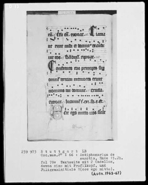 Antiphonarium de Sanctis (Dominikanerinnenhandschrift) — Zwei figürlich verzierte Initialen auf einer Textseite, Folio 79verso