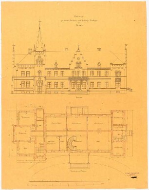 Schloss Zalesie, Borek: Aufriss der Hauptfassade, Grundriss Erdgeschoss, Maßstabsleiste
