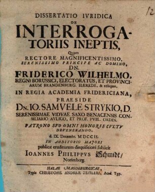 Dissertatio Ivridica De Interrogatoriis Ineptis