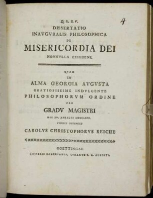 Dissertatio Inauguralis Philosophica De Misericordia Dei Nonnulla Exhibens