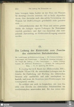 IX. Die Leitung der Elektricität zum Zwecke des elektrischen Bahnbetriebes