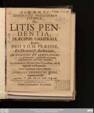 Disputatio Inauguralis Iuridica, De Litis Pendentia, Praecipue Camerali,